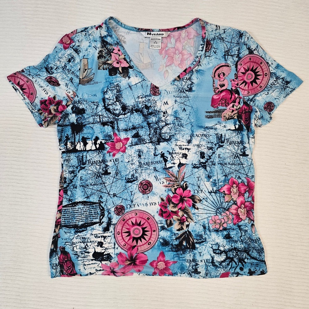 Nygard Collection Petites Medium Blue Pink Nautical Map Floral V-Neck Top Shirt
